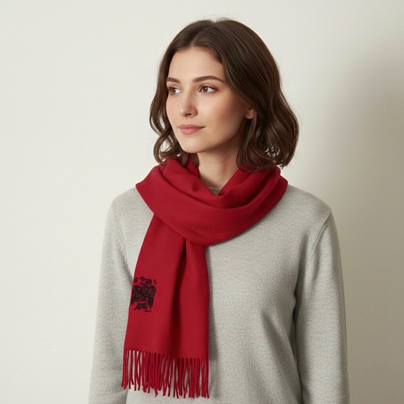 Magenta Designs Accessories - MAGENTA DESIGNS Wool Red Scarf Indigenous Eagle Art Northwest Coast Style Fringe